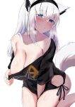  1girl absurdres animal_ears between_legs black_shirt blue_eyes blush bottomless breasts cleavage clothes_pull fox_ears fox_girl fox_tail hand_between_legs heavy_breathing highres hololive kokihanada large_breasts shirakami_fubuki shirt shirt_pull single_bare_shoulder solo sweat tail virtual_youtuber white_hair 