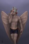 2023 abs anthro black_clothing black_underwear brown_body brown_feathers clothed clothing digital_media_(artwork) equid equine feathered_wings feathers fexneel_denisse hair hi_res male mammal pegasus simple_background solo tako topless topless_male underwear watermark white_hair wings