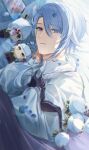  1boy alternate_costume black_necktie blue_eyes blue_hair cellphone character_doll genshin_impact gloves hair_between_eyes highres isobe47 kamisato_ayaka kamisato_ayato long_sleeves looking_at_viewer male_focus mole mole_under_mouth necktie phone shirt smartphone smile white_shirt 