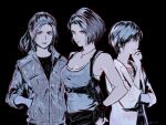  3girls black_background black_gloves blue_tank_top breasts claire_redfield cleavage closed_mouth fingerless_gloves fune_(nkjrs12) gloves hand_in_pocket hand_on_own_chin hand_on_own_hip highres holster jacket jewelry jill_valentine lab_coat light_smile limited_palette looking_at_viewer multiple_girls necklace ponytail rebecca_chambers resident_evil short_hair shoulder_holster simple_background smile tank_top upper_body 