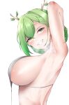  1girl absurdres armpit_focus armpits breasts ceres_fauna from_side green_hair grin highres hololive hololive_english horns large_breasts looking_at_viewer meme_attire ngo2.9_(biggeneral) no_bra sideboob simple_background smile solo torso virgin_destroyer_sweater yellow_eyes 