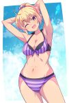  1girl ;d armpits arms_behind_head arms_up bare_arms bare_shoulders bikini blonde_hair blue_sky breasts cleavage cloud cloudy_sky collarbone day e20 fang front-tie_bikini_top front-tie_top head_tilt highres looking_at_viewer medium_breasts navel one_eye_closed original ponytail purple_eyes sky smile solo striped_bikini striped_clothes swimsuit tan vertical-striped_bikini vertical-striped_clothes 