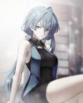  1girl :/ ahoge armpit_crease bare_shoulders black_collar black_dress blue_hair blurry blurry_background blurry_foreground bokeh breasts closed_mouth collar crossed_legs depth_of_field dress film_grain frown grey_eyes highres junu_(jwoo5627) large_breasts light_particles long_hair looking_at_viewer mushoku_tensei nina_farion ponytail sitting sleeveless sleeveless_dress solo thighs 