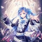  1boy alba_alfurira androgynous angel back_bow baton_(conducting) black_coat blue_bow blue_bowtie blue_eyes blue_hair bow bowtie coat dairoku_ryouhei diagonal_bangs earrings falling_feathers feathers frilled_shirt frilled_sleeves frills gradient_hair hair_bow half_updo hands_up holding holding_wand jewelry kawa_k3 layered_sleeves light_particles light_rays lips long_hair long_sleeves looking_at_viewer male_focus multicolored_hair multiple_rings nail_polish outstretched_arm parted_lips pink_hair red_nails ring sash shirt single_earring solo spirit spotlight star-shaped_pupils star_(symbol) star_earrings symbol-shaped_pupils upper_body v-shaped_eyebrows wand white_bow white_feathers white_sash 