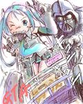  1girl assault_rifle blue_eyes blue_hair box cardboard_box crossover darth_vader finger_on_trigger grand_theft_auto gun handgun hatsune_miku helmet hiyoko_touna long_hair lowres magazine_(weapon) oekaki one_eye_closed rifle shopping_cart star_wars twintails vocaloid weapon what 