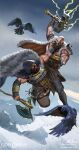  2boys axe bald bird cape cloud commentary crow english_commentary fighting fur-trimmed_cape fur_trim glowing glowing_eyes god_of_war_ragnarok hammer highres holding holding_axe hood hoodie kratos male_focus mountainous_horizon multiple_boys muscular muscular_male red_hair ronniewang simple_background snow strangling thor_(god_of_war) 