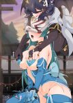  2girls bdsm blue_hair bondage bound bound_wrists breasts bridal_gauntlets drooling femdom floating fox_mask heart_maebari heart_pasties highres hiiragi_utena horns large_breasts long_hair maebari magia_azul magia_baiser mahou_shoujo_ni_akogarete mask minakami_sayo multiple_girls nipple_tweak nipple_tweak_through_clothes open_mouth pasties short_hair ttptt very_long_hair wings yuri 