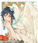  1boy absurdres androgynous angel angel_wings apple aqua_hair black_hair blue_butterfly braid bug butterfly butterfly_on_head elbow_rest feathered_wings food fruit genshin_impact gradient_hair green_eyes highres looking_at_viewer male_focus misoshiru_umai4 multicolored_hair own_hands_together red_apple short_hair_with_long_locks side_braids signature smile solo twin_braids two-tone_hair venti_(archon)_(genshin_impact) venti_(genshin_impact) wings yellow_butterfly 