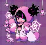  1girl barefoot black_bra black_hair blue_eyes bra breasts cleavage diagonal_bangs full_body han_juri hand_in_pocket heterochromia holding holding_stuffed_toy hood hood_up kotorai midriff multicolored_hair official_alternate_costume pink_eyes purple_background silk solo spider_web standing streaked_hair street_fighter stuffed_animal stuffed_spider stuffed_toy tongue tongue_out twintails underwear 