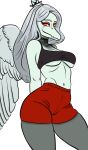 2024 amber_eyes anthro bottomwear breasts clothing crop_top digital_drawing_(artwork) digital_media_(artwork) dinosaur dizzy_weas eyelashes eyeliner fang_(gvh) feathered_wings feathers female goodbye_volcano_high grey_body grey_scales hair hi_res long_hair looking_at_viewer makeup midriff navel pterodactylus pterosaur reptile scales scalie shirt shorts silver_hair simple_background smile snout solo topwear under_boob white_background wings