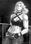  abs against_railing breasts choker cityscape cleavage denim dorohedoro fingerless_gloves gloves highres jeans leaning_back long_hair muscular muscular_female night night_sky noi_(dorohedoro) pants railing red_eyes robusta_mania sky tank_top white_hair 