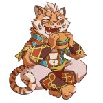  1boy animal_ears animal_feet animal_hands burger closed_eyes crossed_legs curb-chain eating fang food furry furry_male highres lin_hu_(nekojishi) nekojishi on_floor open_mouth tail tiger_boy tiger_ears 