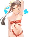  1girl arm_up armpits blue_eyes blush breasts brown_hair character_request closed_mouth collarbone commentary_request cowboy_shot hair_ribbon half-closed_eyes highres kantai_collection long_hair looking_at_viewer naked_ribbon navel ponytail ribbon sakieko small_breasts solo yellow_ribbon 