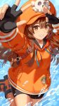  1girl bike_shorts brown_eyes brown_hair cabbie_hat fingerless_gloves gloves grin guilty_gear guilty_gear_strive hat highres hood hoodie long_hair looking_at_viewer may_(guilty_gear) orange_headwear orange_hoodie salute skull_and_crossbones smile solo v water yagi2013 