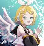  1girl :d bangs_pinned_back black_sailor_collar black_sleeves blonde_hair blue_background blue_eyes blush bow bow_hairband detached_sleeves feathered_wings from_side hair_bow hair_ornament hairband hairpin hand_on_own_chest headset highres kagamine_rin long_sleeves looking_at_viewer microphone naguno-0713 nail_polish neckerchief open_hand open_mouth parted_bangs sailor_collar school_uniform serafuku shirt short_hair sidelocks simple_background sleeveless sleeveless_shirt smile solo upper_body vocaloid waving white_bow white_shirt white_wings wings yellow_nails yellow_neckerchief 