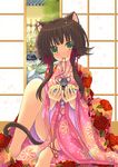  animal_ears barefoot bell blush cat_ears copyright_request japanese_clothes kimono mouse mouth_hold sakurai_unan smile solo 
