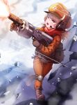  1girl absurdres alternate_costume boots born-to-die brown_footwear brown_gloves brown_hair cross-laced_footwear genshin_impact gloves gun hat headset highres holding holding_gun holding_weapon jacket klee_(genshin_impact) long_sleeves open_mouth orange_eyes orange_headwear orange_jacket red_scarf running scarf short_hair solo teeth weapon 