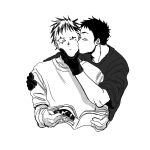  2boys aikawa_(dorohedoro) artist_request black_hair blonde_hair blush colored_tips couple cropped_torso dorohedoro facial_mark grabbing_another&#039;s_chin greyscale hand_on_another&#039;s_chin holding holding_magazine kiss kissing_cheek magazine_(object) male_focus monochrome multicolored_hair multiple_boys no_eyebrows one_eye_closed risu_(dorohedoro) thick_eyebrows yaoi 
