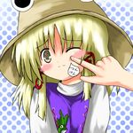  artist_request blonde_hair blush hair_ribbon hat lowres moriya_suwako poking ribbon solo source_request tears touhou 