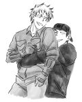  2boys aikawa_(dorohedoro) artist_request baseball_cap blush carrying carrying_person colored_tips couple cropped_legs dorohedoro facial_mark gloves greyscale happy hat highres hug hug_from_behind male_focus medium_sideburns monochrome multicolored_hair multiple_boys no_eyebrows pants risu_(dorohedoro) thick_eyebrows yaoi 