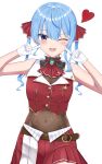  1girl absurdres belt black_choker blue_eyes blue_hair blush breasts brown_belt choker cosplay covered_navel cropped_jacket finger_to_cheek frilled_choker frills gloves hair_ribbon heart highres hiiragi_melt hololive hoshimachi_suisei houshou_marine houshou_marine_(1st_costume) houshou_marine_(cosplay) jacket leather_belt leotard leotard_under_clothes long_hair miniskirt one_eye_closed pleated_skirt red_jacket red_ribbon red_skirt ribbon skirt sleeveless sleeveless_jacket small_breasts smile star_(symbol) star_in_eye symbol_in_eye twintails virtual_youtuber white_background white_gloves 