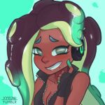  1girl arms_up artist_name black_shirt breasts dark_skin grey_eyes hand_on_own_face headphones_breasts jacket long_hair marina_(splatoon) nose open_clothes open_jacket shirt simple_background smile solo splatoon_(series) teeth tipped_fingers xyronii 