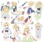  1girl absurdres blonde_hair brushing_teeth cat cup english_text fate_(series) floating_hair green_hair hair_dryer highres implied_peeing mordred_(fate) mug panties polo_shirt short_shorts shorts sleeping tomboy tonee topless towel translation_request underwear waking_up 