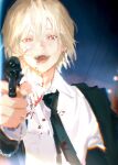 1boy 637_00e_seran aiming aiming_at_viewer bandaid bandaid_on_cheek bandaid_on_face black_jacket black_necktie blonde_hair blood blood_on_clothes blood_on_face blurry chain collared_shirt commentary depth_of_field earrings gun hand_up handgun highres holding holding_gun holding_weapon hunter_x_hunter jacket jewelry kurapika long_sleeves male_focus necktie open_mouth outstretched_arm power_lines red_eyes shirt short_hair sky solo suit twilight upper_body weapon white_shirt 