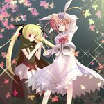  artist_request belt blonde_hair bow cape fate_testarossa leaf lyrical_nanoha magical_girl mahou_shoujo_lyrical_nanoha mahou_shoujo_lyrical_nanoha_a's multiple_girls one_eye_closed purple_eyes red_bow red_eyes red_hair takamachi_nanoha thighhighs twintails 