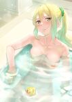  1girl absurdres aiz_wallenstein bath bathing bathtub blonde_hair blush breasts collarbone commentary_request completely_nude dungeon_ni_deai_wo_motomeru_no_wa_machigatteiru_darou_ka green_scrunchie hair_ornament hair_scrunchie highres long_hair looking_at_viewer medium_breasts navel nipples nude rubber_duck scrunchie solo stomach takumi_nosiro water yellow_eyes 