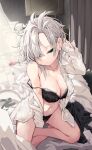  1girl black_bra black_panties blue_eyes bra breasts cleavage closed_mouth commentary_request full_body grey_hair hira-san indoors izayoi_sakuya large_breasts looking_at_viewer navel on_bed open_clothes open_shirt panties shirt short_hair solo touhou underwear white_shirt 
