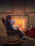  1boy 2girls black_coat black_hair black_robe blunt_bangs book capelet chair coat collar commentary_request elf fern_(sousou_no_frieren) fire fireplace fireplace_tool_stand firewood frieren frilled_collar frills green_eyes highres holding holding_book long_hair multicolored_hair multiple_girls on_chair on_floor pointy_ears purple_hair reading red_hair robe rocking_chair ryusei_hashida sitting sitting_on_lap sitting_on_person sousou_no_frieren stark_(sousou_no_frieren) straight_hair twintails two-tone_hair white_capelet white_hair 