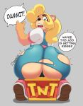 absurd_res activision anthro artist_name bandicoot big_butt blonde_hair bombcat14 bottomwear butt butt_focus camel_toe clothed clothing coco_bandicoot crash_bandicoot_(series) dialogue ear_piercing ear_ring english_text eyebrows eyelashes female fingers footwear fur grey_background hair hi_res long_hair looking_back looking_down mammal marsupial open_mouth overalls panties piercing ring_piercing shirt shoes simple_background sitting solo t-shirt tan_body tan_fur teeth text tongue topwear torn_bottomwear torn_clothing underwear