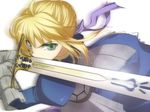  armor artoria_pendragon_(all) blonde_hair caliburn fate/stay_night fate_(series) gauntlets green_eyes hair_ribbon nina_(pastime) ribbon saber solo sword wallpaper weapon 