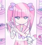  1girl animal bandaged_arm bandages black_eyes blunt_bangs bow closed_mouth cosmetics expressionless ezaki_bisuko food fruit hair_brush hand_in_own_hair heart hexagram highres holding holding_hair_brush jewelry menhera-chan_(ezaki_bisuko) menhera-chan_(ezaki_bisuko)_(character) mirror necklace pink_hair pink_sailor_collar pink_skirt pink_theme purple_bow rabbit sailor_collar school_uniform serafuku short_twintails sidelocks skirt star_of_david strawberry twintails usatan_(ezaki_bisuko) white_serafuku 