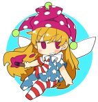  1girl @_@ american_flag_dress american_flag_legwear blonde_hair clownpiece dress fairy fairy_wings full_body grin hat holding holding_torch ini_(inunabe00) jester_cap long_hair pantyhose pink_eyes pink_headwear polka_dot polka_dot_headwear short_sleeves smile solo star_(symbol) star_print striped_clothes striped_dress striped_pantyhose torch touhou wings 
