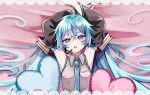  1girl :o armpits arms_behind_back arms_up between_breasts blue_eyes blue_hair blue_necktie breasts collared_shirt crossed_bangs doily frilled_shirt frills from_above grey_shirt hair_between_eyes hair_ornament hatsune_miku headset heart heart-shaped_pupils highres letterboxed long_hair looking_at_viewer looking_up lying microphone naguno-0713 necktie necktie_between_breasts on_back on_bed open_mouth shirt sidelocks sleeveless sleeveless_shirt small_breasts solo symbol-shaped_pupils twintails upper_body very_long_hair vocaloid 