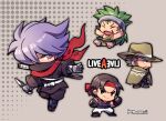  4boys black_eyes chibi clenched_hands closed_mouth copyright_name cowboy_hat fang fighting_stance fingerless_gloves full_body gloves green_hair grey_background hair_over_one_eye hat headband holding holding_weapon kotorai kunai live_a_live long_sideburns male_focus mask multiple_boys oboro-maru_(live_a_live) outstretched_arms pants pogo_(live_a_live) purple_eyes purple_hair red_headband shawl sideburns spread_arms sundown_kid sword sword_on_back takahara_masaru weapon weapon_on_back white_pants 