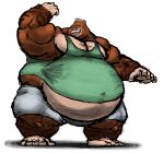 anthro ape belly big_belly brown_body brown_fur chubby_cheeks clothed clothing comerboy75 flexing fur gorilla haplorhine hi_res male mammal moobs musclegut muscular muscular_anthro muscular_male obese obese_anthro obese_male open_mouth open_smile overweight overweight_anthro overweight_male primate simple_background smile solo standing teeth tight_clothing tongue white_background wide_hips