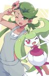  ;d absurdres bare_shoulders collarbone dark-skinned_female dark_skin flower green_eyes green_hair hair_flower hair_ornament highres long_hair looking_at_viewer mallow_(pokemon) one_eye_closed overalls piyo_to_game pokemon pokemon_(creature) pokemon_sm smile steenee twintails w 