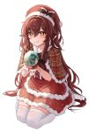  1girl alternate_costume bow brown_bow brown_hair dress flower-shaped_pupils full_body genshin_impact grin hair_between_eyes hat hat_bow highres hu_tao_(genshin_impact) kneeling long_hair looking_at_viewer parted_lips red_dress red_eyes santa_costume santa_hat sicle sidelocks simple_background smile solo striped_capelet symbol-shaped_pupils thighhighs white_background white_thighhighs 