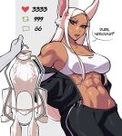  1girl 1other abs absurdres anger_vein animal_ears bare_shoulders black_jacket black_pants boku_no_hero_academia breasts cleavage collarbone dark-skinned_female dark_skin english_commentary english_text hands_in_pockets highres holding_clothes_hanger jacket large_breasts like_and_retweet long_eyelashes long_hair looking_at_viewer meme meme_attire mirko moi_yablochki muscular muscular_female navel off_shoulder open_mouth pants parted_bangs rabbit_ears rabbit_girl red_eyes solo_focus speech_bubble sports_bra stomach twitter_strip_game_(meme) very_long_hair virgin_destroyer_sweater white_hair white_sports_bra 