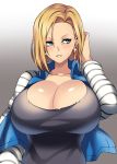 1girl absurdres android_18 arm_up black_shirt blonde_hair blue_eyes breasts camui_kamui denim denim_jacket dragon_ball dragonball_z earrings highres huge_breasts jewelry layered_clothing long_sleeves open_mouth shirt short_hair simple_background solo striped_sleeves upper_body 