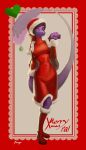 5_fingers abby_(gvh) anthro black_hair breasts christmas christmas_clothing christmas_headwear clothed clothing colored dinosaur dromaeosaurid feathered_tail feathers female fingers goodbye_volcano_high hair hat headgear headwear hi_res holidays long_tail looking_at_viewer orange_bongo purple_body purple_scales reptile sack santa_hat scales scalie slight_smile smile solo tail theropod utahraptor