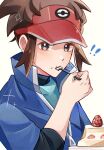  ! !! 1boy blue_jacket bodysuit bodysuit_under_clothes bright_pupils brown_eyes brown_hair cake closed_mouth commentary_request eating food food_on_face fork fruit hand_up highres holding holding_fork jacket male_focus mocacoffee_1001 nate_(pokemon) pokemon pokemon_bw2 red_headwear short_hair signature solo sparkle strawberry upper_body visor_cap white_background white_pupils 