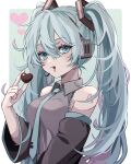  1girl :t bare_shoulders black_sleeves blue_eyes blue_hair blue_necktie blush border breasts candy chewing chocolate closed_mouth collared_shirt detached_sleeves food frilled_shirt frills from_side green_background grey_shirt hair_between_eyes hair_ornament hand_up hatsune_miku headset heart heart-shaped_chocolate highres holding holding_chocolate holding_food large_breasts long_hair long_sleeves looking_at_viewer microphone multicolored_hair naguno-0713 necktie number_tattoo pink_hair shirt sidelocks simple_background sleeveless sleeveless_shirt solo tattoo tented_shirt tie_clip twintails two-tone_hair upper_body very_long_hair vocaloid white_border 