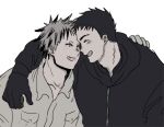  2boys aikawa_(dorohedoro) arm_around_shoulder artist_request black_hair blonde_hair closed_eyes colored_tips couple dorohedoro face-to-face facial_mark fang fang_out grin hood hoodie male_focus multicolored_hair multiple_boys no_eyebrows risu_(dorohedoro) smile thick_eyebrows upper_body yaoi 