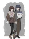  2girls 8_8ghost amami_haruka bag black_footwear black_pantyhose blue_hair boots brown_coat brown_footwear brown_hair brown_pants brown_skirt chiikawa closed_eyes coat dot_nose flipped_hair fur-trimmed_coat fur_trim grey_coat hachiware_(chiikawa) hair_ribbon hand_in_pocket handbag high_heel_boots high_heels highres holding holding_hands holding_stuffed_toy idolmaster idolmaster_(classic) idolmaster_million_live! idolmaster_million_live!_theater_days kisaragi_chihaya long_hair medium_hair multiple_girls pants pantyhose plaid plaid_skirt pleated_skirt red_ribbon ribbed_sweater ribbon scarf skirt smile snow snowing straight_hair stuffed_animal stuffed_toy sweater swept_bangs walking white_sweater winter winter_clothes 