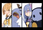  :&lt; azusa_(blue_archive) black_border black_sailor_collar blonde_hair blue_archive border chise_01234 closed_mouth disgaea flower grey_hair halo hifumi_(blue_archive) long_hair long_sleeves multiple_girls open_mouth orange_eyes parody peroro_(blue_archive) pink_eyes pink_flower sailor_collar simple_background teeth upper_teeth_only white_background 