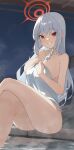  1girl absurdres aozora_1051 blue_archive blurry blurry_background blush braid breasts covering_privates crossed_legs film_grain grey_hair halo haruna_(blue_archive) highres large_breasts night night_sky nude_cover onsen red_eyes single_braid sitting sky smile soaking_feet solo steam 